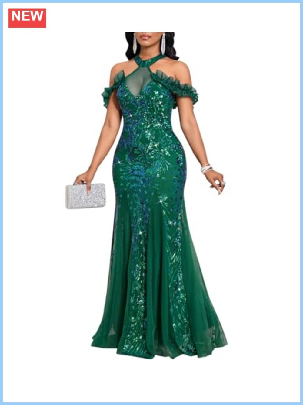 Sequin Halter Mesh Bodycon Formal Maxi Dress Evening Gown